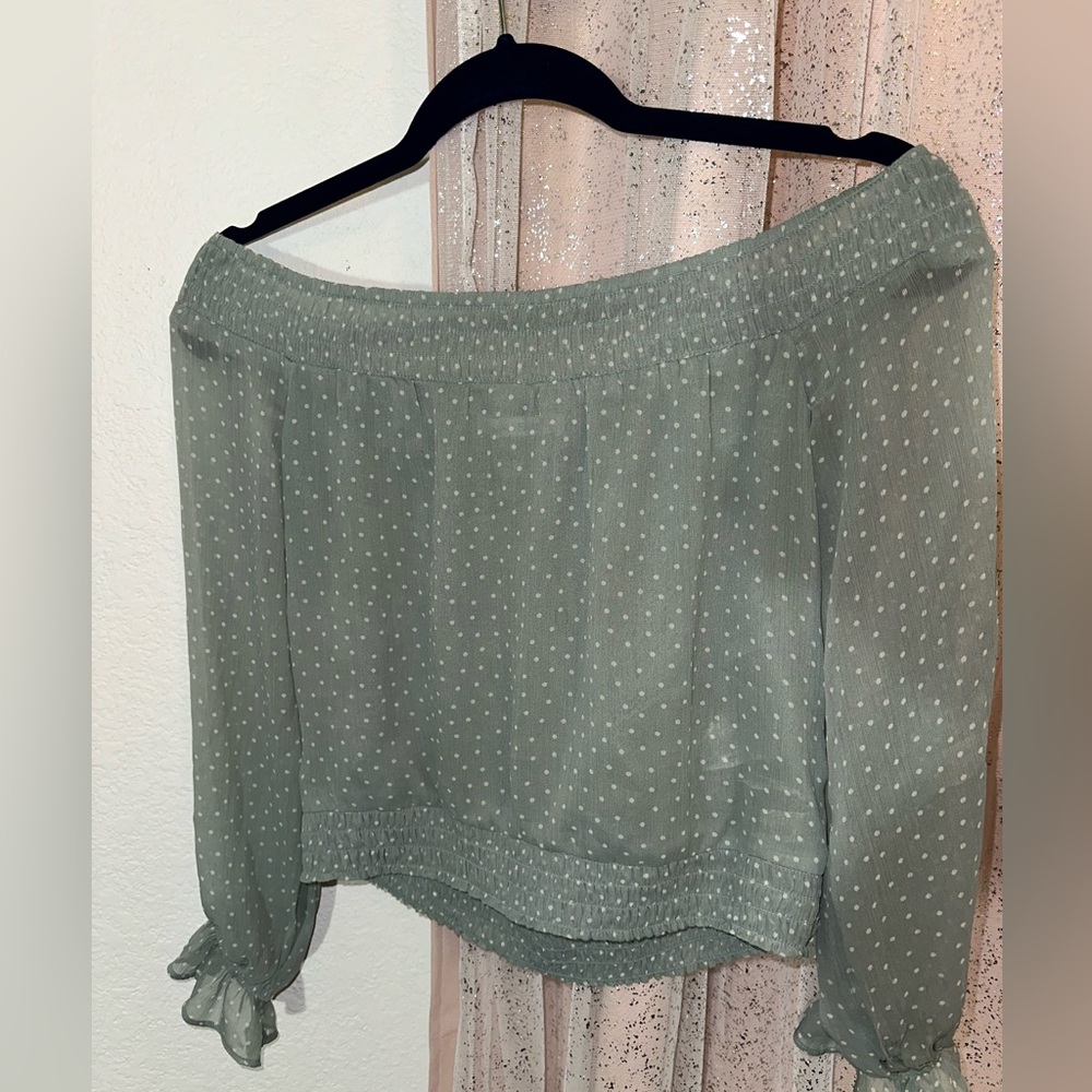ABERCROMBIE AND FITCH Mint green off shoulder sheer polka dot top. long sleeves